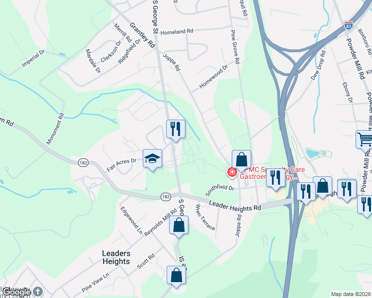map of restaurants, bars, coffee shops, grocery stores, and more near 2104 Hudson Court in York