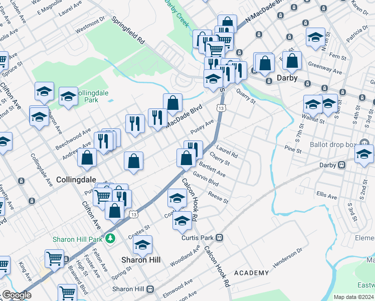 map of restaurants, bars, coffee shops, grocery stores, and more near 7 Rhodes Avenue in Collingdale