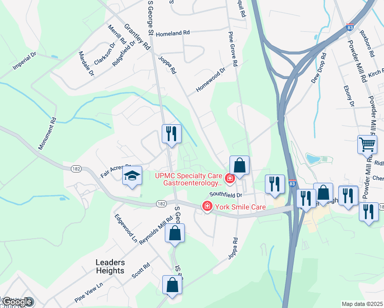 map of restaurants, bars, coffee shops, grocery stores, and more near 4304 Rowen Court in York