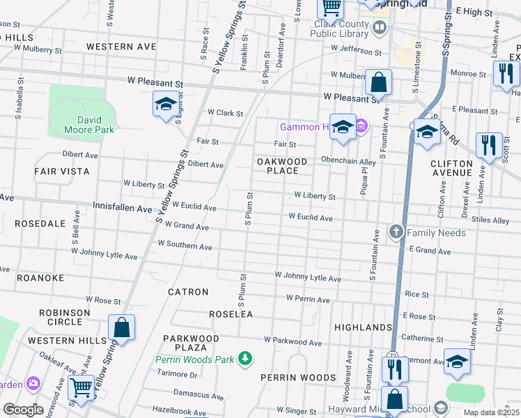 map of restaurants, bars, coffee shops, grocery stores, and more near 332 West Euclid Avenue in Springfield