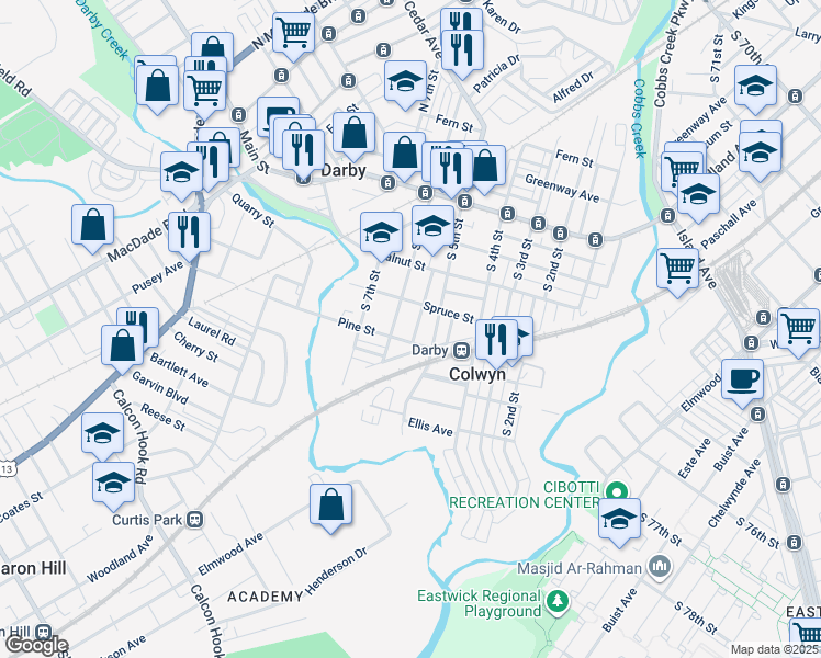 map of restaurants, bars, coffee shops, grocery stores, and more near 328 Moore Street in Darby