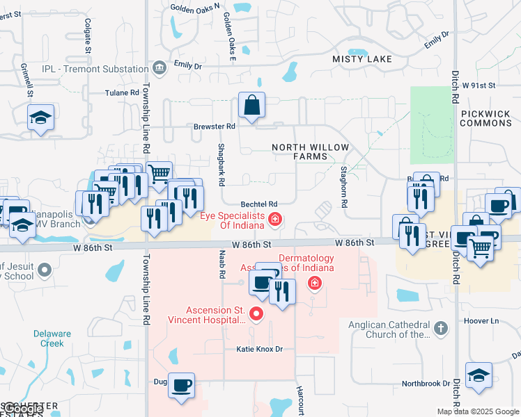 map of restaurants, bars, coffee shops, grocery stores, and more near 2029 Bechtel Road in Indianapolis