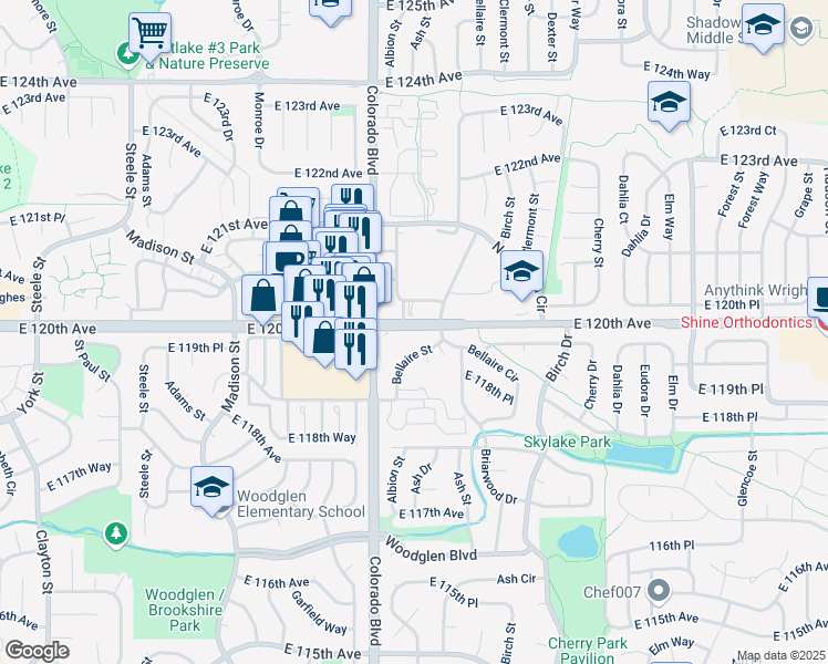 map of restaurants, bars, coffee shops, grocery stores, and more near 11961 Bellaire Street in Thornton