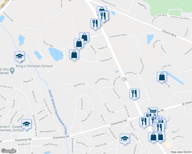 map of restaurants, bars, coffee shops, grocery stores, and more near 1505 Woodhollow Drive in Evesham Township