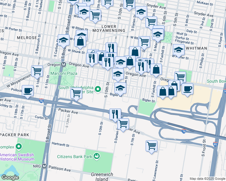 map of restaurants, bars, coffee shops, grocery stores, and more near 2831 South Hutchinson Street in Philadelphia