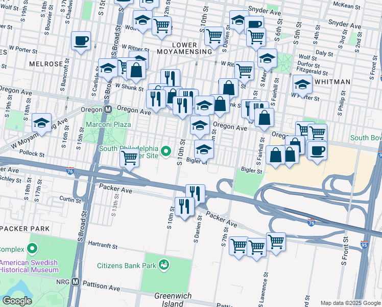 map of restaurants, bars, coffee shops, grocery stores, and more near 2836 South Mildred Street in Philadelphia