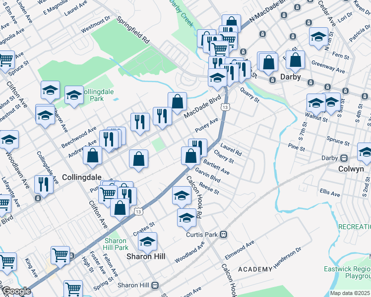 map of restaurants, bars, coffee shops, grocery stores, and more near 22 Rhodes Avenue in Collingdale