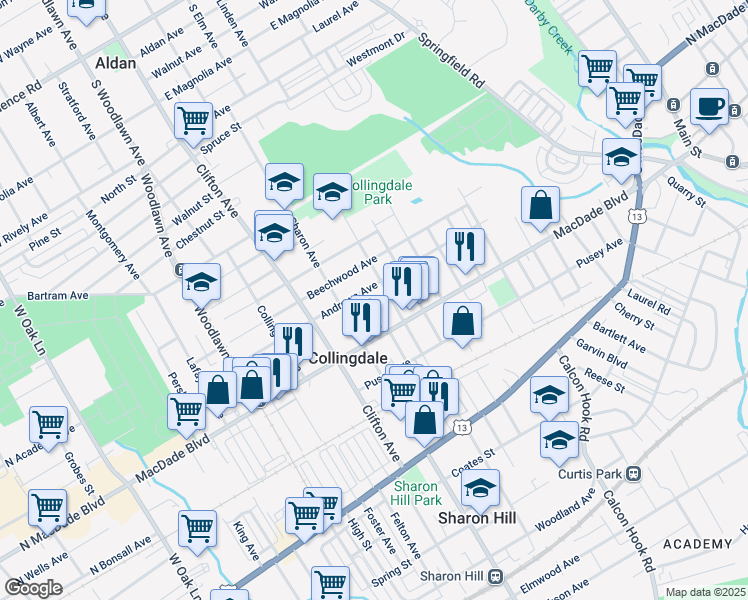 map of restaurants, bars, coffee shops, grocery stores, and more near 608 Andrews Avenue in Collingdale