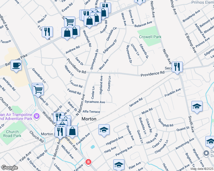 map of restaurants, bars, coffee shops, grocery stores, and more near 642 Country Lane in Morton