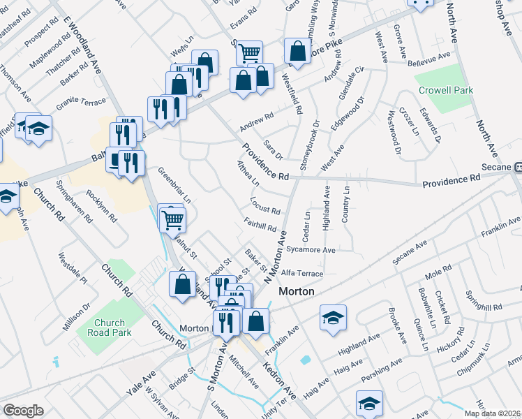 map of restaurants, bars, coffee shops, grocery stores, and more near 26 Locust Road in Morton