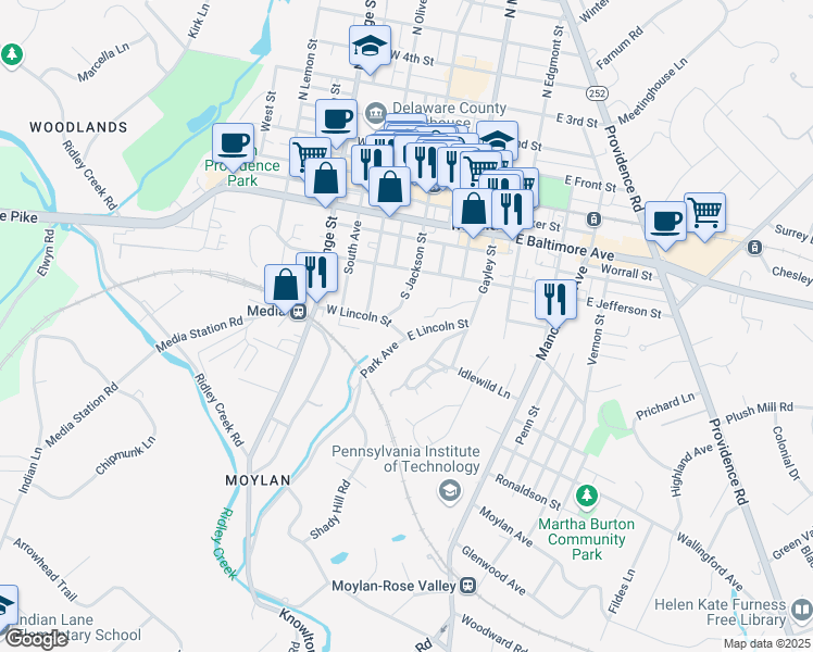 map of restaurants, bars, coffee shops, grocery stores, and more near 558 South Avenue in Media