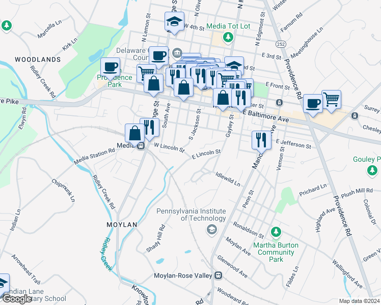 map of restaurants, bars, coffee shops, grocery stores, and more near 558 South Avenue in Media