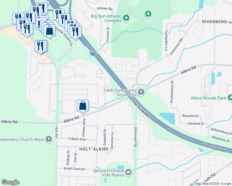 map of restaurants, bars, coffee shops, grocery stores, and more near 4300 Alkire Road in Columbus