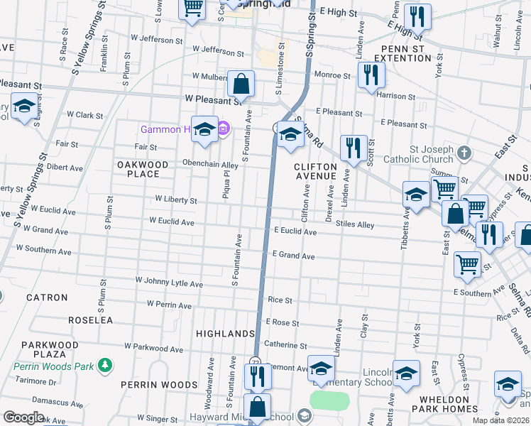 map of restaurants, bars, coffee shops, grocery stores, and more near 100-198 Stiles Alley in Springfield