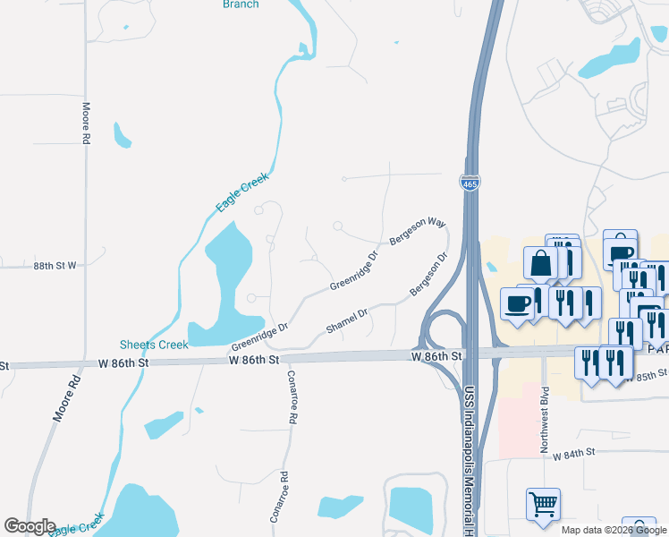 map of restaurants, bars, coffee shops, grocery stores, and more near 6610 Greenridge Drive in Indianapolis