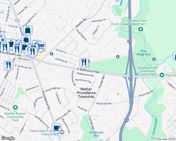 map of restaurants, bars, coffee shops, grocery stores, and more near 1200 East Baltimore Pike in Media