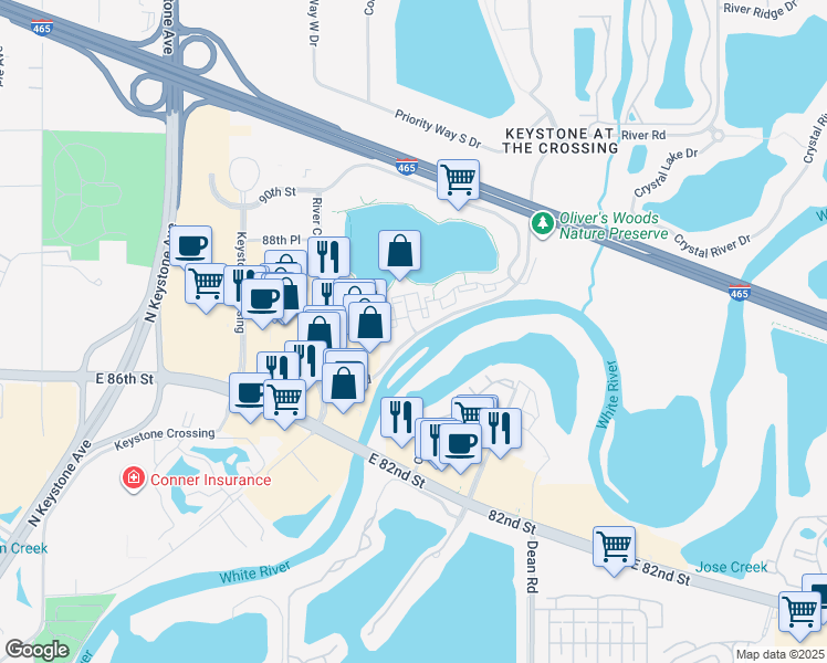 map of restaurants, bars, coffee shops, grocery stores, and more near 8722 Knickerbocker Way in Indianapolis
