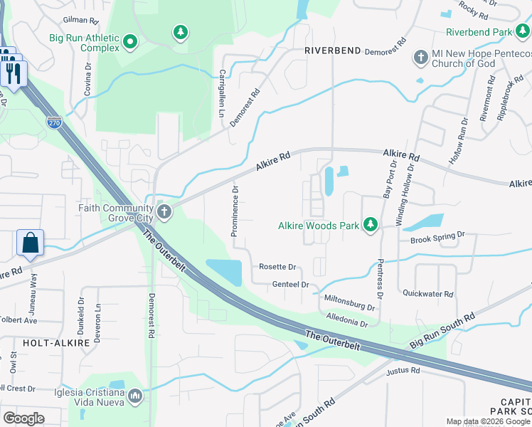 map of restaurants, bars, coffee shops, grocery stores, and more near 3963 Alkire Road in Grove City