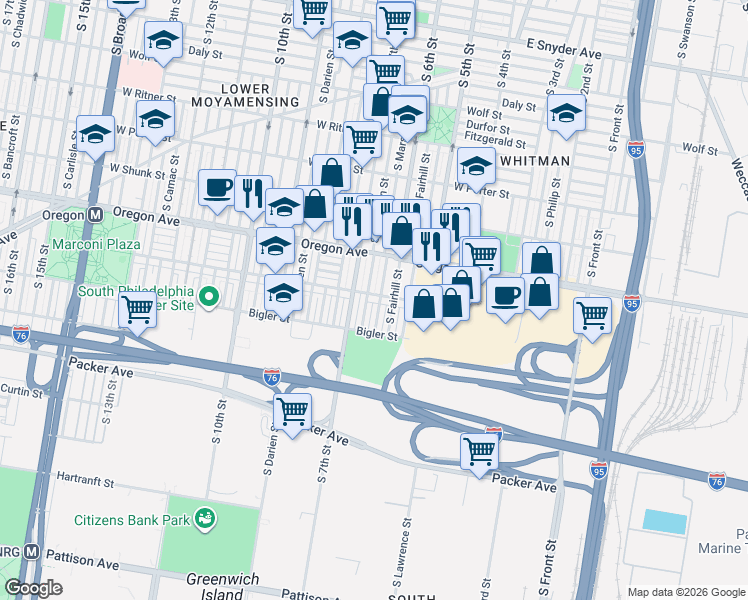 map of restaurants, bars, coffee shops, grocery stores, and more near 2813 South Marshall Street in Philadelphia
