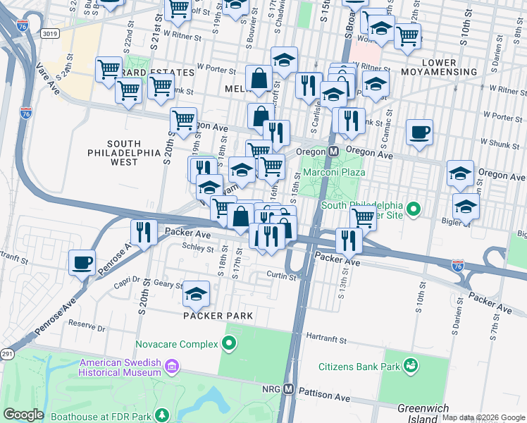 map of restaurants, bars, coffee shops, grocery stores, and more near in Philadelphia