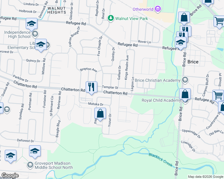 map of restaurants, bars, coffee shops, grocery stores, and more near 5739 Templar Street in Columbus