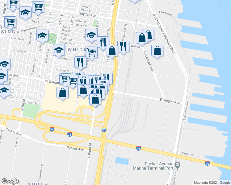 map of restaurants, bars, coffee shops, grocery stores, and more near 1801 Swanson Street in Philadelphia
