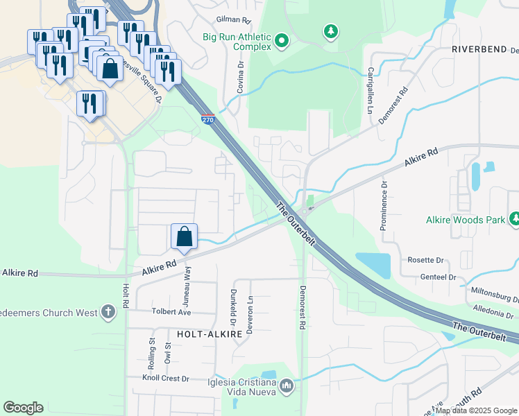 map of restaurants, bars, coffee shops, grocery stores, and more near 4300 Alkire Road in Columbus