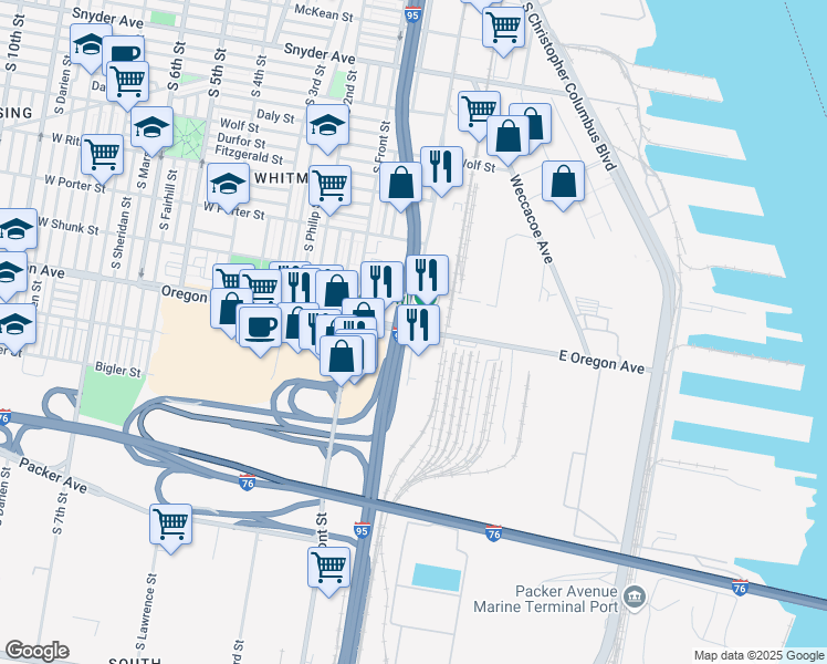 map of restaurants, bars, coffee shops, grocery stores, and more near 1801 Swanson Street in Philadelphia