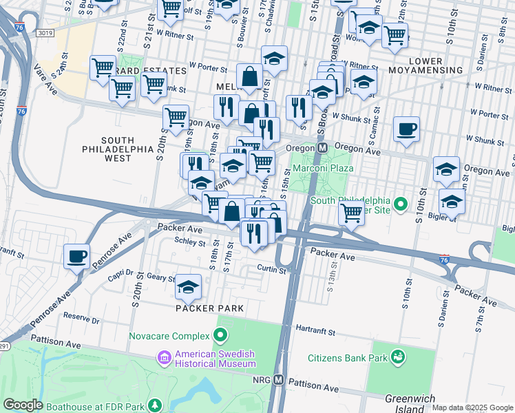 map of restaurants, bars, coffee shops, grocery stores, and more near 2940 South 16th Street in Philadelphia
