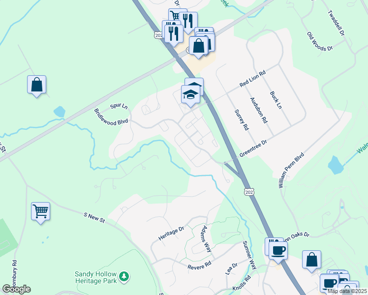 map of restaurants, bars, coffee shops, grocery stores, and more near 166 Chaps Lane in West Chester
