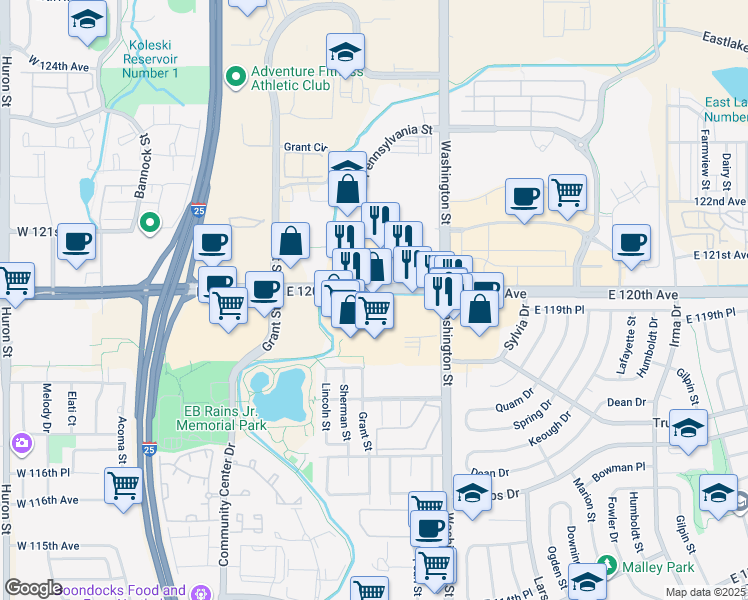 map of restaurants, bars, coffee shops, grocery stores, and more near 480 East 120th Avenue in Northglenn