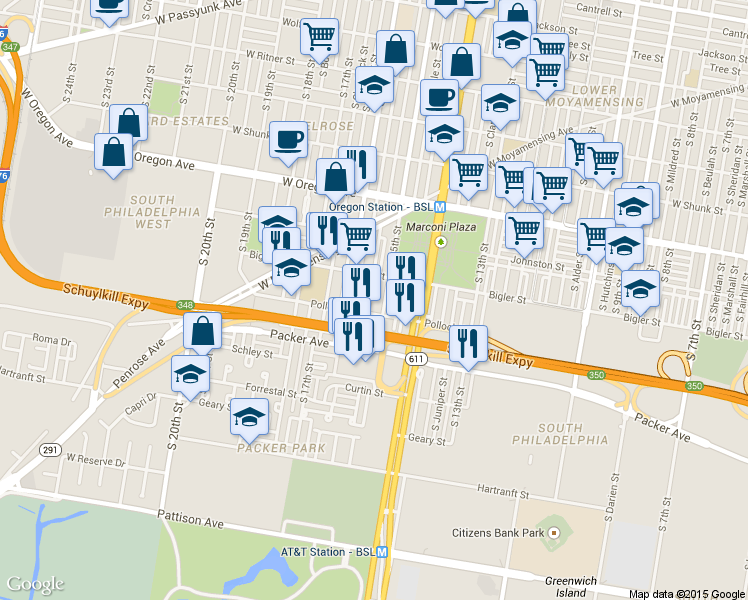 map of restaurants, bars, coffee shops, grocery stores, and more near 2937 South Sydenham Street in Philadelphia