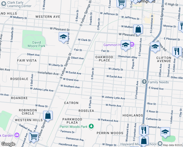 map of restaurants, bars, coffee shops, grocery stores, and more near 402 West Euclid Avenue in Springfield