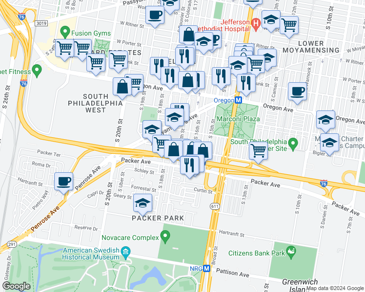 map of restaurants, bars, coffee shops, grocery stores, and more near 2945 South 17th Street in Philadelphia