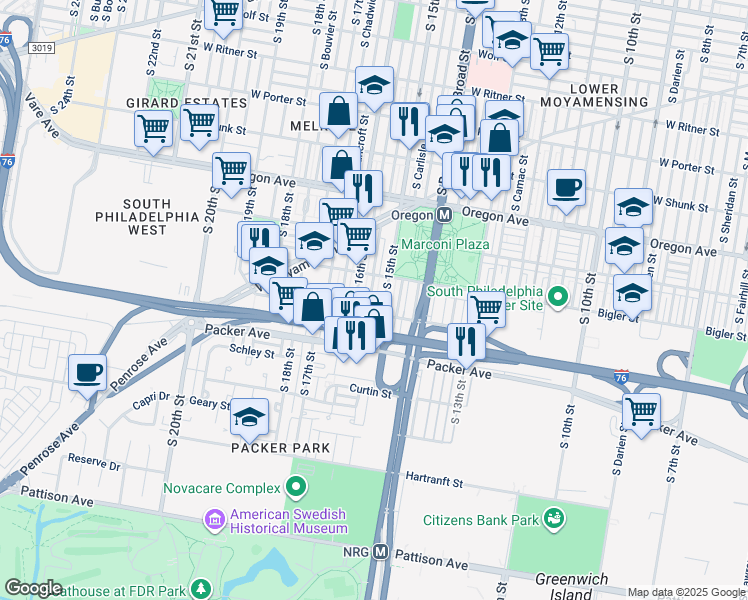 map of restaurants, bars, coffee shops, grocery stores, and more near 2937 South Sydenham Street in Philadelphia