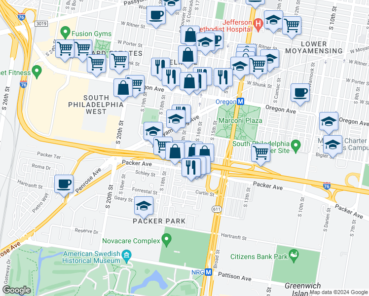 map of restaurants, bars, coffee shops, grocery stores, and more near 2945 South 17th Street in Philadelphia