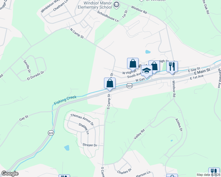 map of restaurants, bars, coffee shops, grocery stores, and more near 182 West Main Street in Windsor