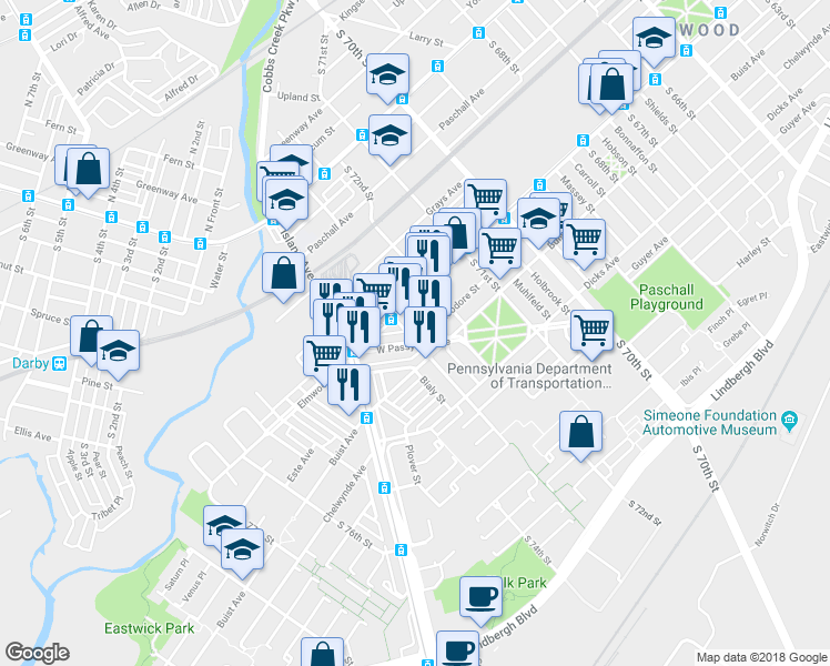 map of restaurants, bars, coffee shops, grocery stores, and more near 2529 South 73rd Street in Philadelphia