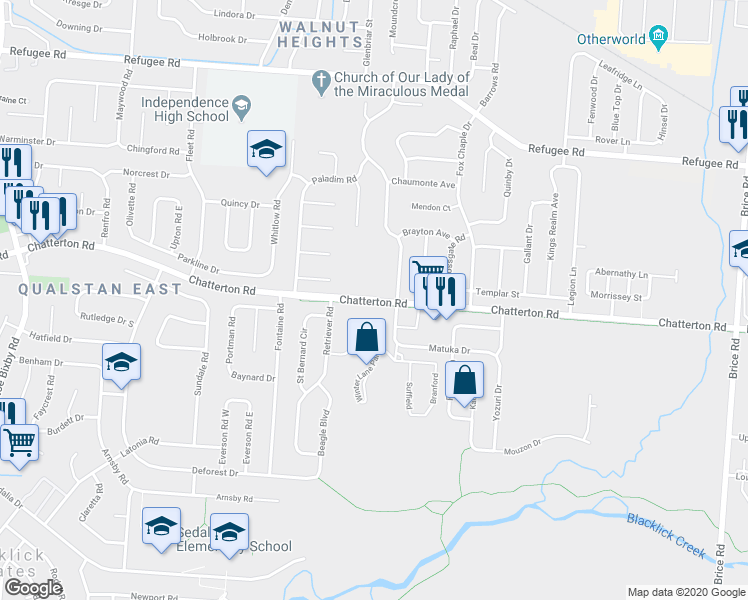map of restaurants, bars, coffee shops, grocery stores, and more near Chatterton Road in Columbus