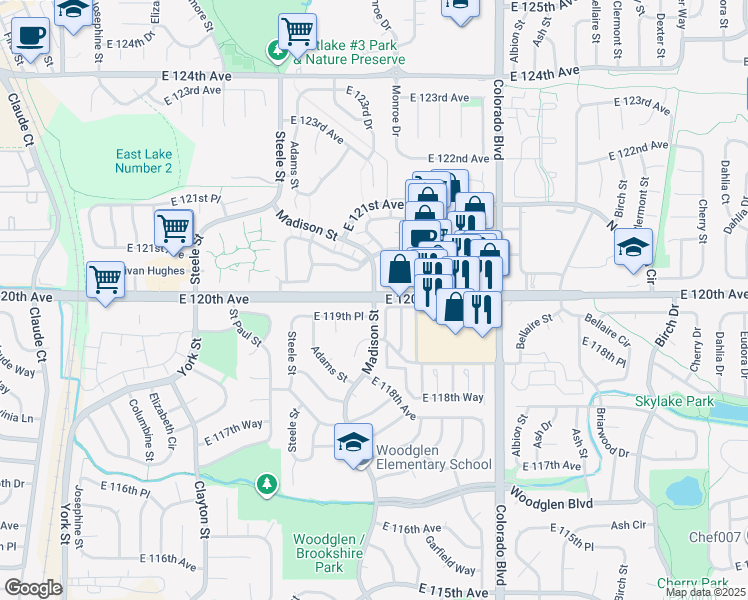map of restaurants, bars, coffee shops, grocery stores, and more near 12793 Madison Street in Denver