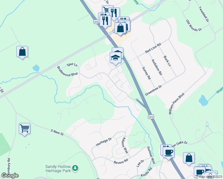 map of restaurants, bars, coffee shops, grocery stores, and more near 166 Chaps Lane in West Chester