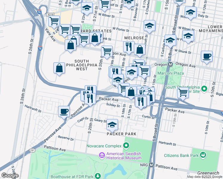 map of restaurants, bars, coffee shops, grocery stores, and more near 1900 West Moyamensing Avenue in Philadelphia