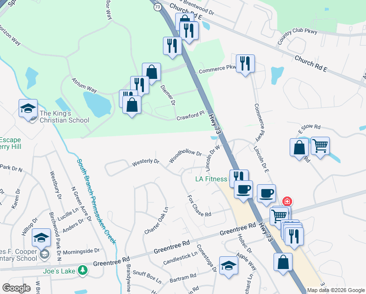 map of restaurants, bars, coffee shops, grocery stores, and more near 1004 Woodhollow Drive in Evesham Township