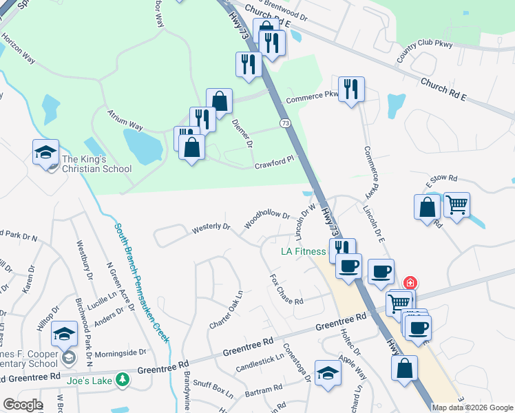 map of restaurants, bars, coffee shops, grocery stores, and more near 1516 Woodhollow Drive in Evesham