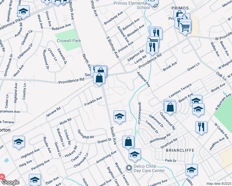 map of restaurants, bars, coffee shops, grocery stores, and more near 2910 Franklin Way in Delaware County