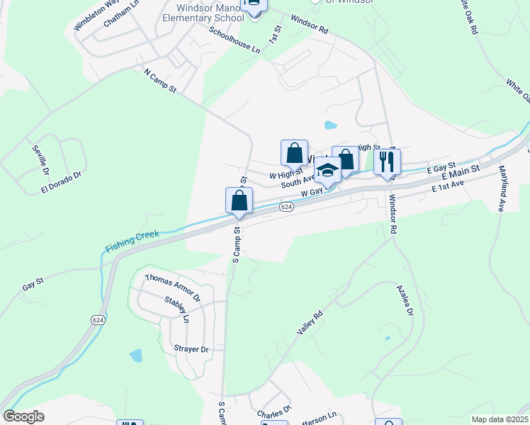 map of restaurants, bars, coffee shops, grocery stores, and more near 155 West Main Street in Windsor