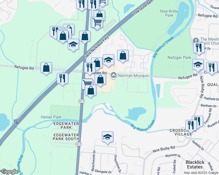 map of restaurants, bars, coffee shops, grocery stores, and more near 4485 Refugee Road in Columbus
