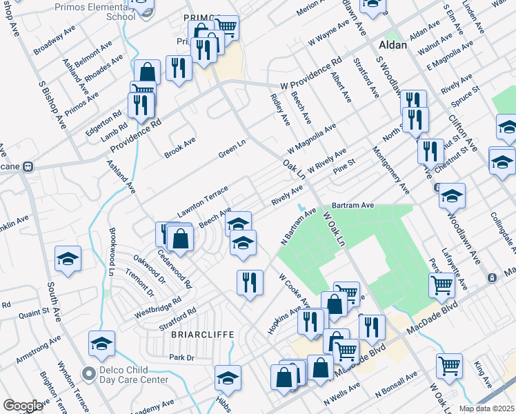 map of restaurants, bars, coffee shops, grocery stores, and more near 705 Rively Avenue in Glenolden