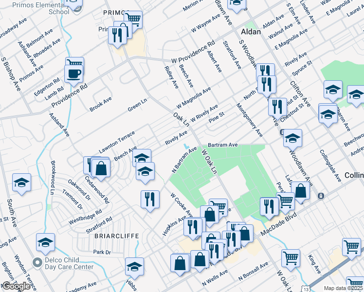 map of restaurants, bars, coffee shops, grocery stores, and more near 169 North Bartram Avenue in Glenolden