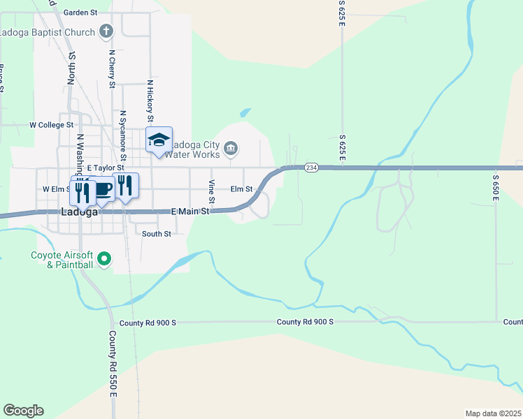map of restaurants, bars, coffee shops, grocery stores, and more near 1001 East Main Street in Ladoga